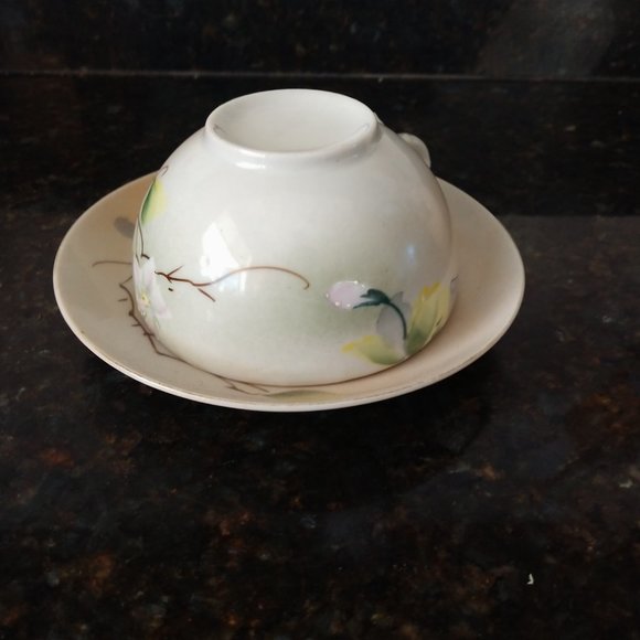 MID CENTURY MODERN JAPAN GREEN STAMP FLORAL TEA CUP SET JAPANESE BLOSSOMS - Picture 4 of 16